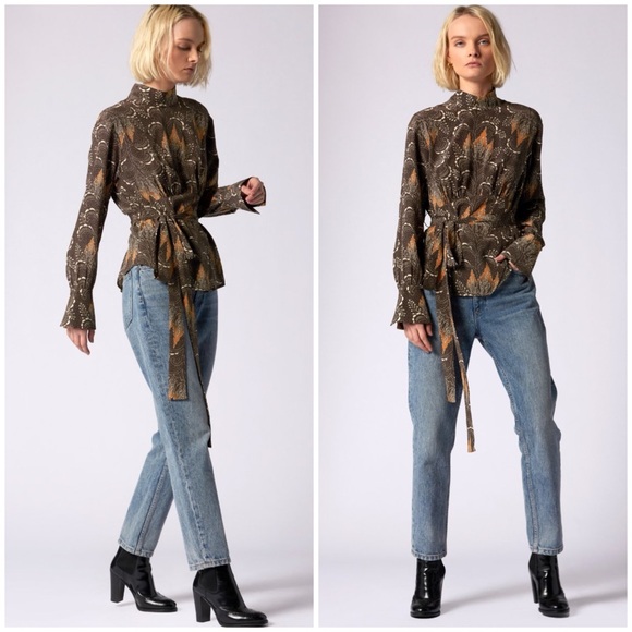 EQUIPMENT Yuna Long Sleeve Tie Waist Silk Top Size 12 - Picture 2 of 12